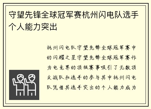 守望先锋全球冠军赛杭州闪电队选手个人能力突出