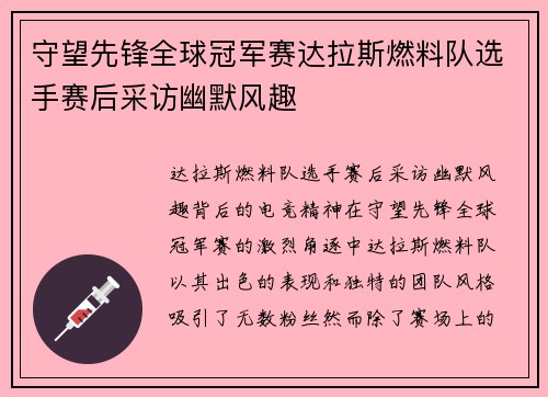 守望先锋全球冠军赛达拉斯燃料队选手赛后采访幽默风趣