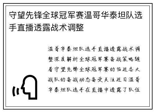 守望先锋全球冠军赛温哥华泰坦队选手直播透露战术调整