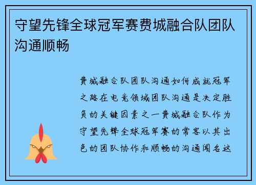 守望先锋全球冠军赛费城融合队团队沟通顺畅